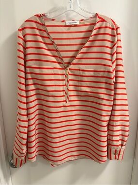 Calvin Klein Cream and Red Striped Top - Medium
